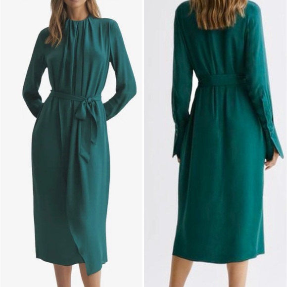 Reiss Dresses & Skirts - REISS Phoenix Cuff Sleeve Waterfall Front  Tie Belt Midi Dress w/ Pockets Sz 4